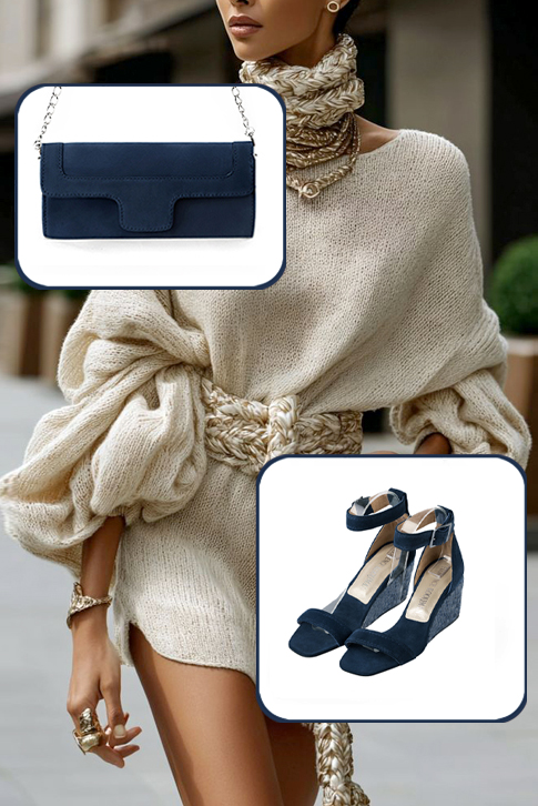 Dress sandals ankle strap in navy blue leather with medium wedge heels and square toe - Worn view